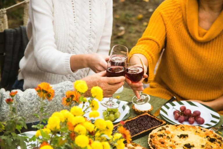 Les femmes trinquent avec du vin lors d'un dîner de famille au printemps.