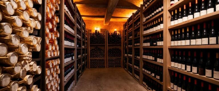 Une cave bien éclairée remplie de rangées de bouteilles de vin