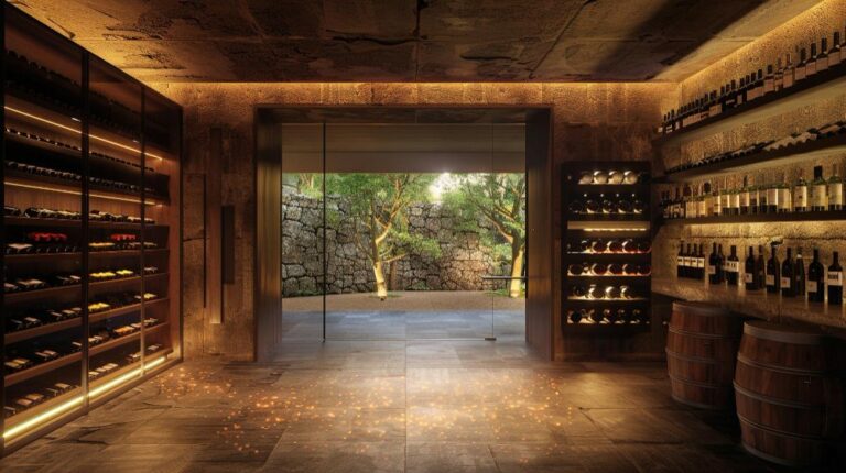 Pièce aménagée en cave à vins, avec nombreuses bouteilles dans des étagères vitrées