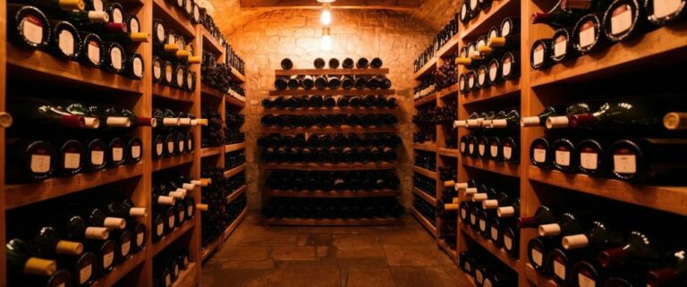 Une cave bien éclairée remplie de rangées de bouteilles de vin